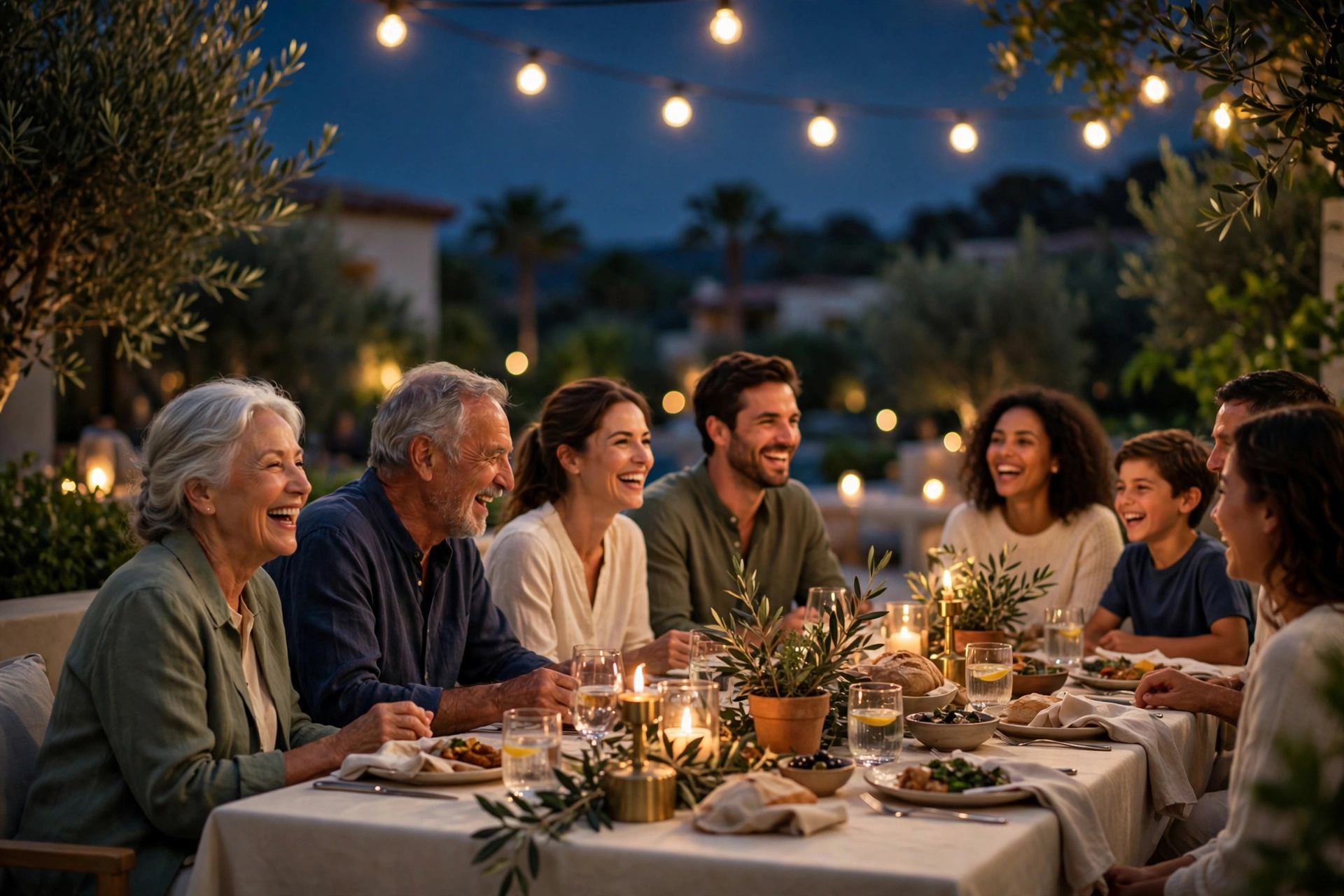 Group celebration dinner on a terrace at golden hour