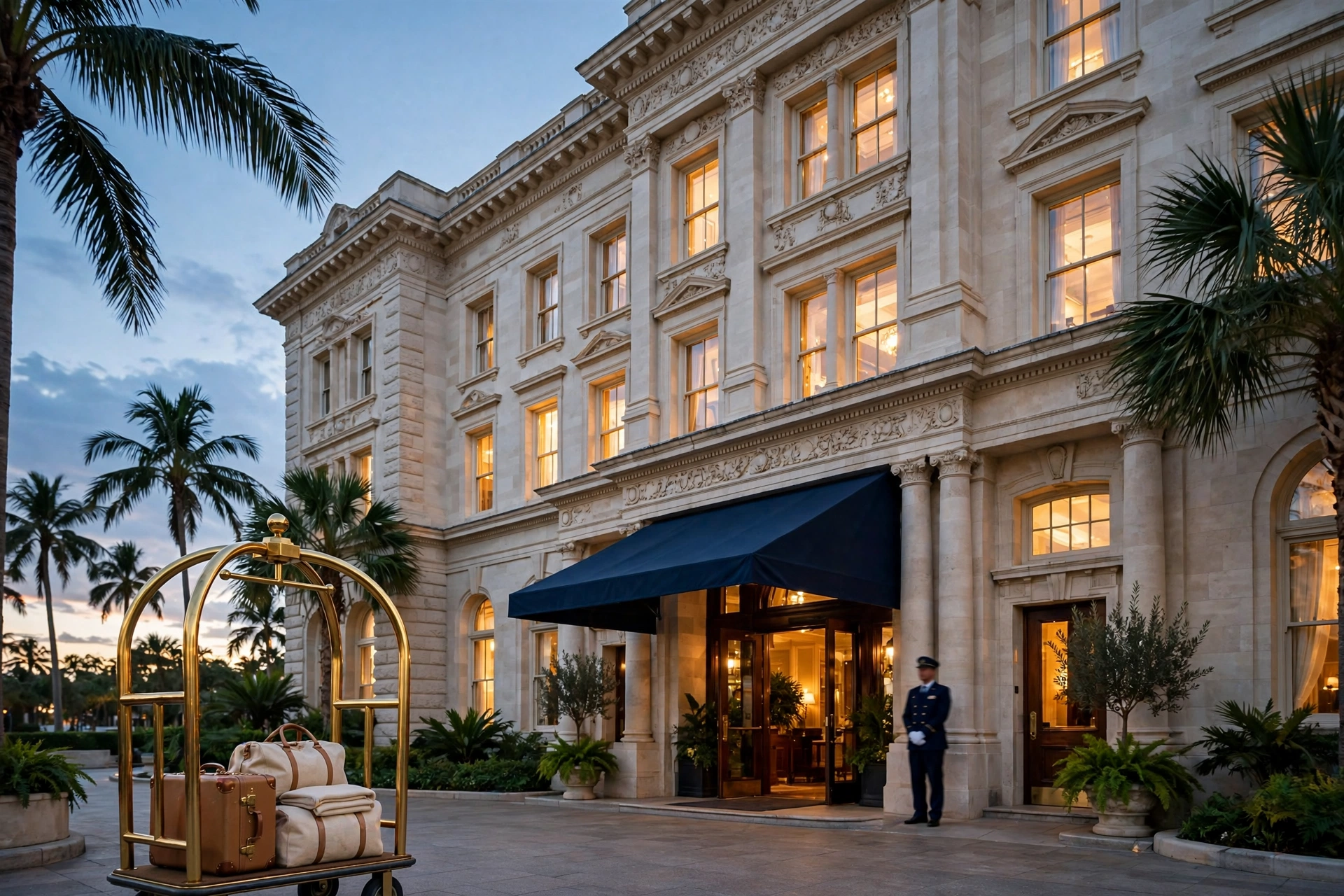 Grand hotel exterior at dusk