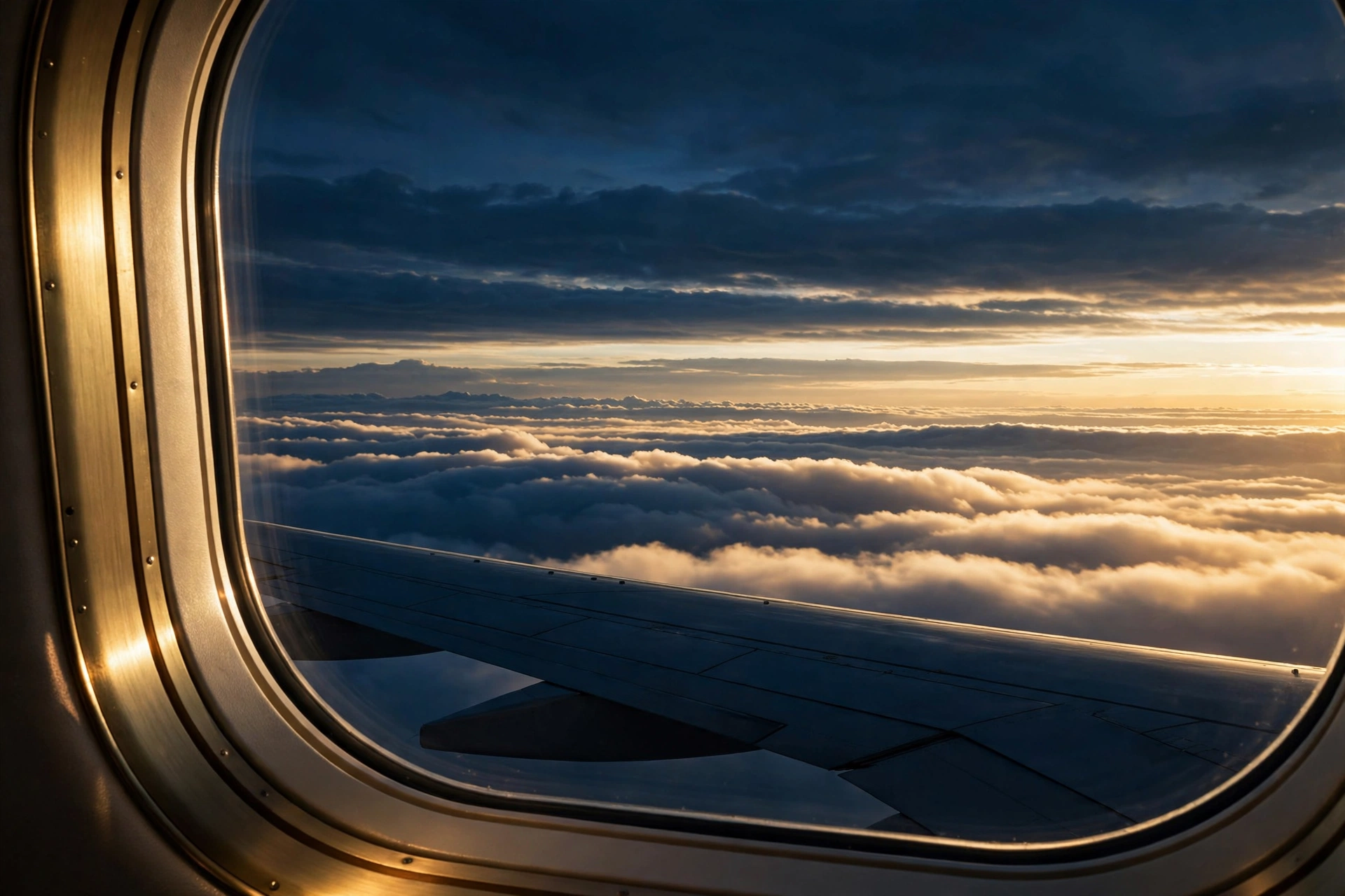Airplane wing over sunset clouds